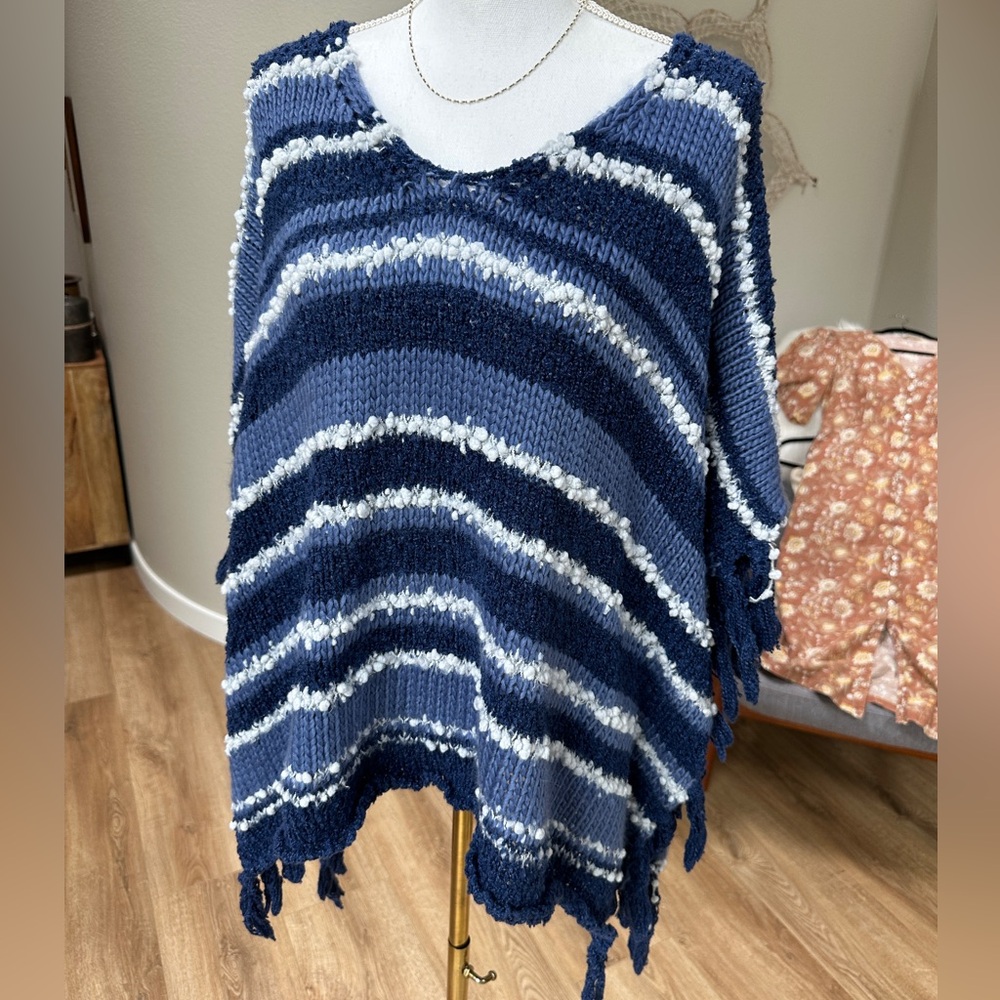 Free People boho Big Dipper blue and white crochet knit poncho